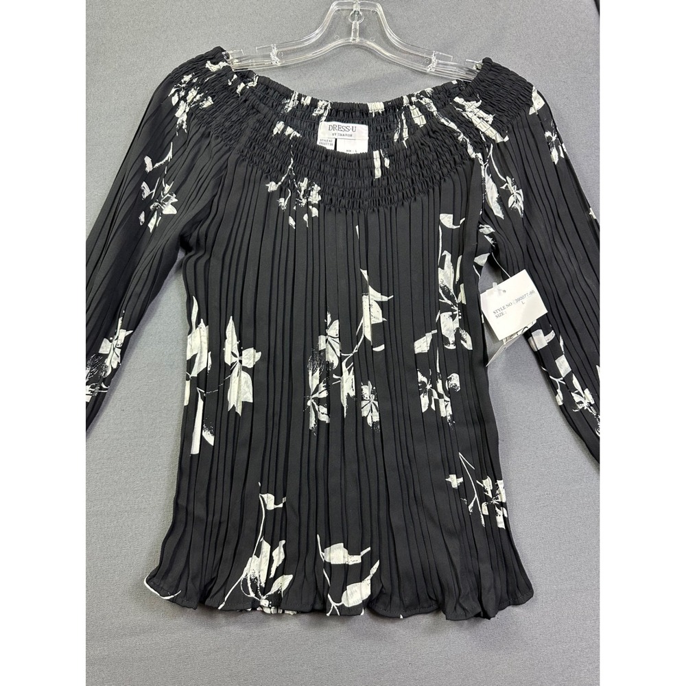 Dress-U by Sharon Black‎ White Floral Pleated Off Shoulder Blouse Top Large NEW